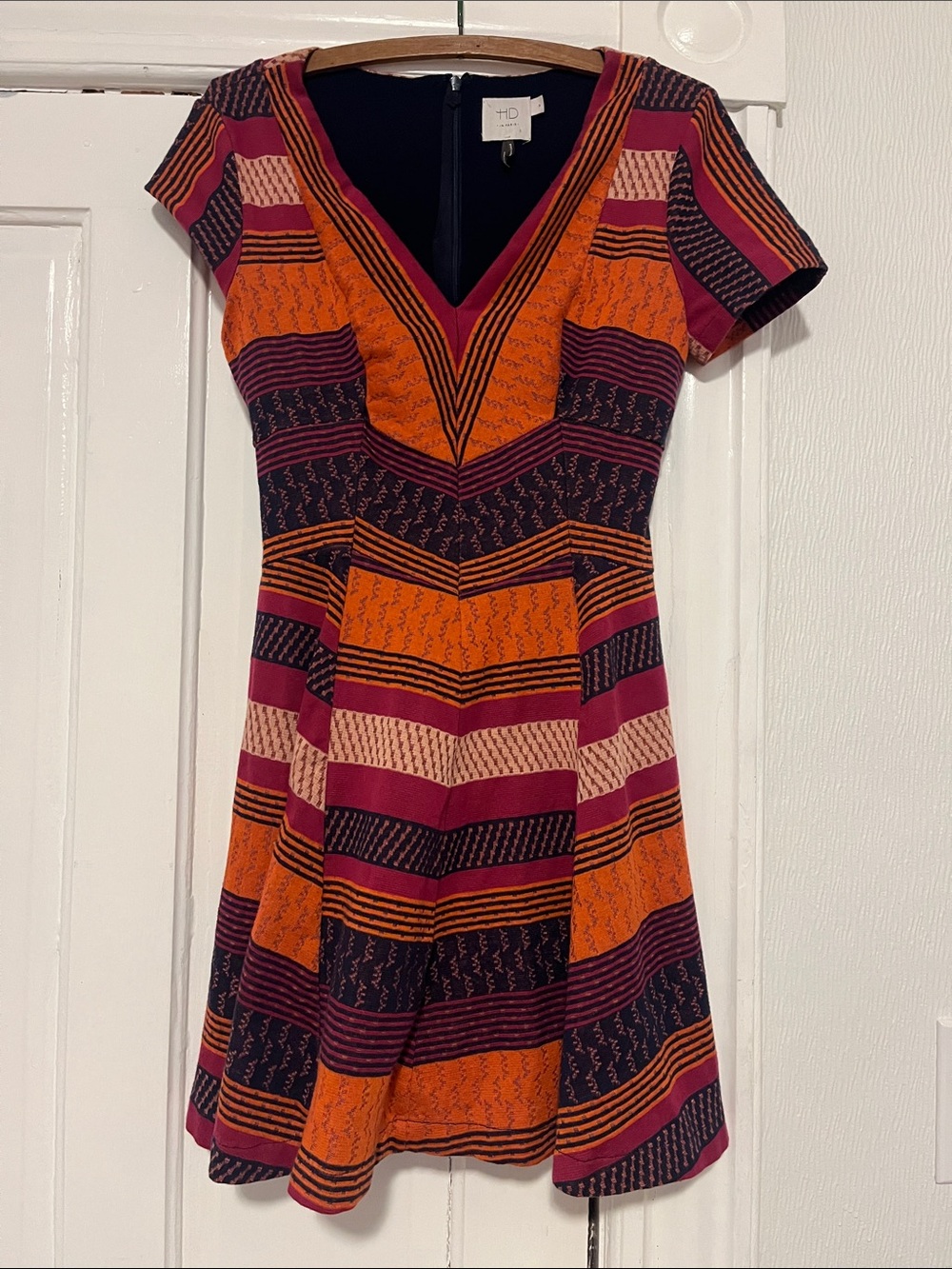 Anthropologie Striped V‑Neck Mini Dress in Orange, Magenta and Purple